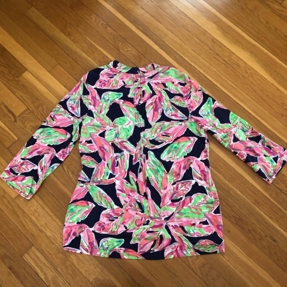 LILLY PULITZER Blouse Pull Over Navy Pink Green Floral Women's XS Designer EUC - Picture 9 of 13